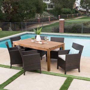 Christopher Knight Home Cobalt Outdoor Wicker and Acacia Wood 7 Piece Dining Set with Cushion, Teak/Multibrown - 1 of 4