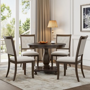 5-Piece Vintage Dining Set, Round Table with Pedestal Table Base and 4 Upholstered Chairs 4S - ModernLuxe - 1 of 4