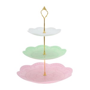 Unique Bargains 3 Tier Dessert Cupcake Stand Holder Round with Tiered Serving Tray for Donuts Fruits White Pink Green Gold Tone - 1 of 4
