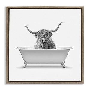 Stupell Industries Longhorn Highland Cow Bath Tub Floating Frame Canvas Art, Brown, 25" x 25" - 1 of 4