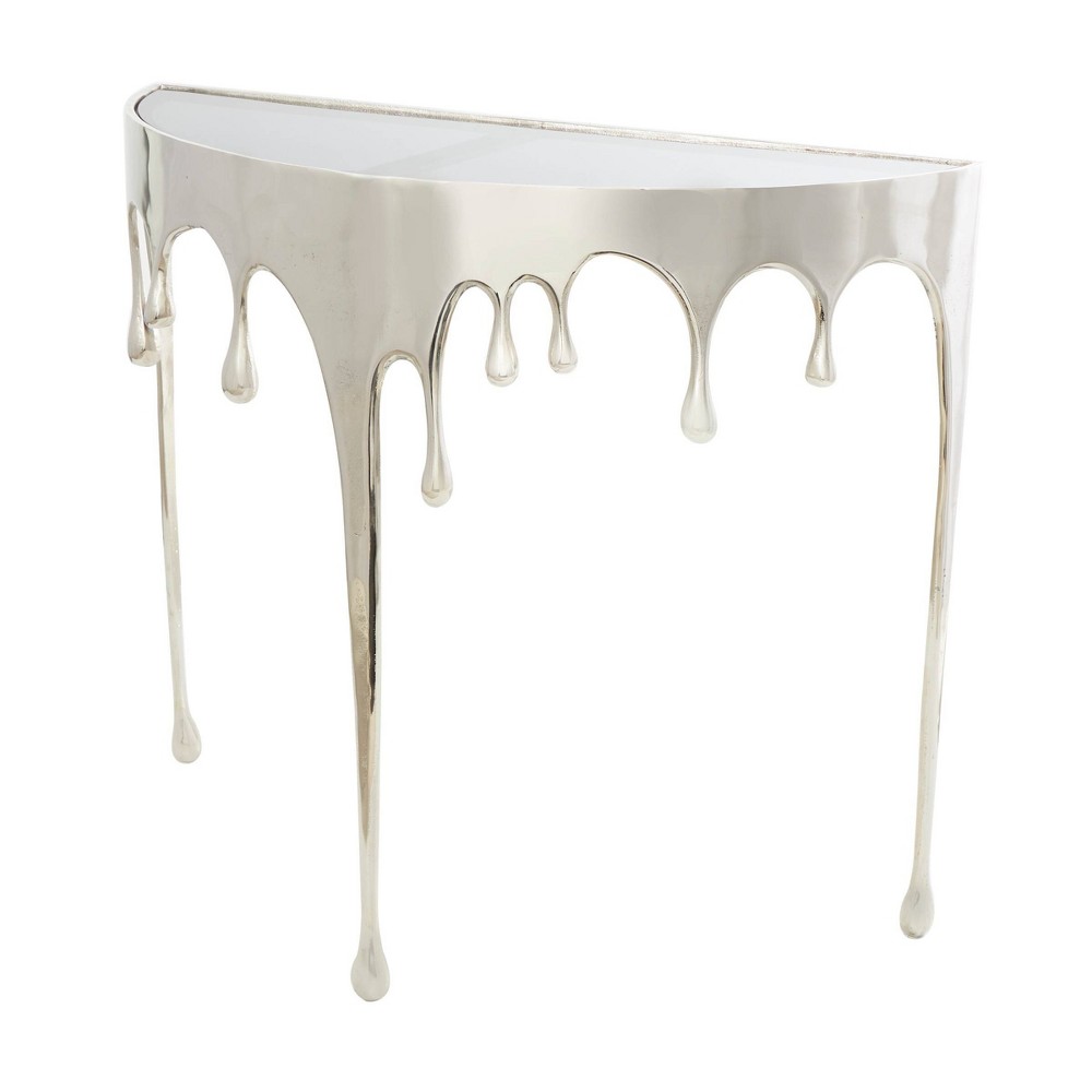Olivia & May Aluminum Drip Console Table with Melting Designed Legs and Shaded Glass Top Silver