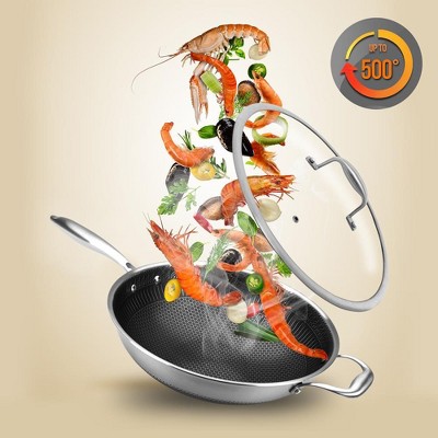 NutriChef 12-Inch Stainless Steel Nonstick Wok with Glass Lid