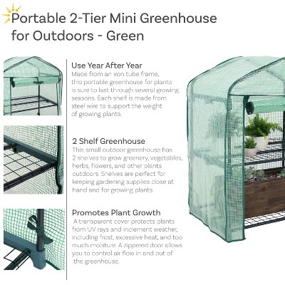 26.5" Green Polyethylene 2-Tier Mini Greenhouse with Shelves