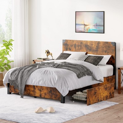 Homhougo Queen Bed Frame, Platform Full Size Bed Frame with Wood Headboard, Metal Full Bed Frame Brown Brown