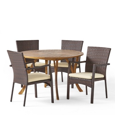 Baldwin 5pc Acacia Wood & Wicker Dining Set - Teak/Brown/Cream - Christopher Knight Home