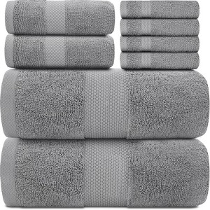 BRINJOY Light Grey Luxury Bath Towel Set of 8 - 100% Turkish Cotton Super Absorbent, 2 Luxury Bath Towels 700GSM, 2 Hand Towels, 4 Washcloths - 1 of 4