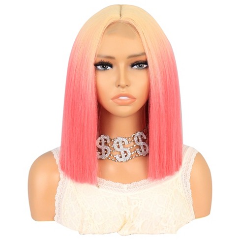 Unique Bargains Medium Long Straight Hair Lace Front Wigs for Women with  Wig Cap 14 Yellow Gradient Pink 1PC