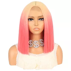 Unique Bargains Medium Long Straight Hair Lace Front Wigs for Women with Wig Cap 14" Yellow Gradient Pink 1PC