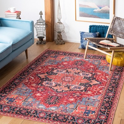 Red and Blue Machine Washable Oriental Area Rug