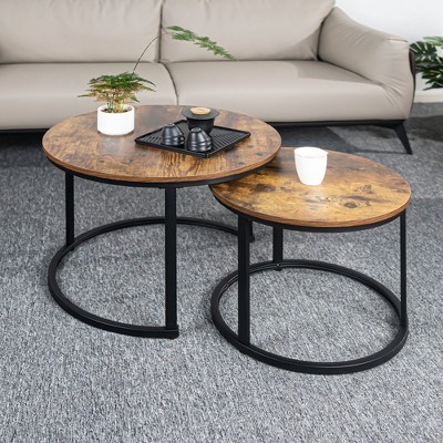 FONTOI Round Nesting Coffee Table Set of 2 Side Table for Living Room Multi-functional Side Table with Metal Frame Bedroom, Brown, 26.77"*25.59"*4.33"