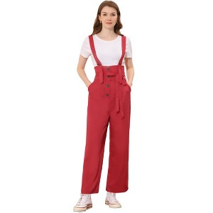 Allegra K Women's High Waist Wide Leg Belted Button Long Overalls Jumpsuit - 1 of 4
