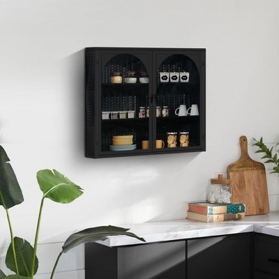 Wall Cabinet Wooden Double Glass Door Kitchen Pantry Sideboard with Removable Shelves Medicine Cabinet Storage Cabinet for Bathroom Office Black