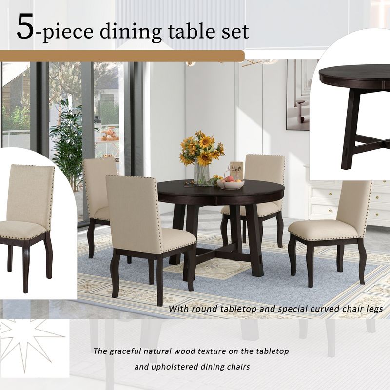 5 PCS Round Wood Extendable Dining Table Set with 4 Upholstered Dining Chairs-ModernLuxe, 4 of 15