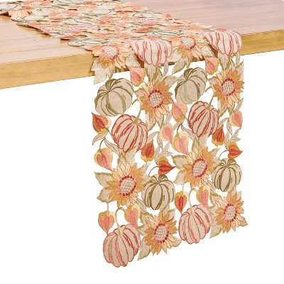 Fall Harvest Embroidered Sunflower and Pumpkin Table Runner