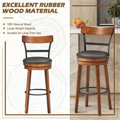 Brown Swivel Bar Stool with Leather Seat and Wood Legs
