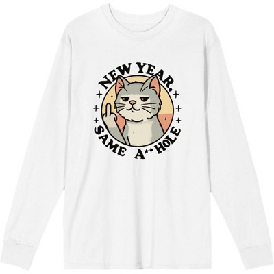 New Year Same A**hole Cat With Middle Finger Adult Crew Neck Long Sleeve Tee