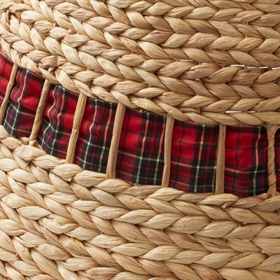 Natural Hyacinth Woven Christmas Tree Collar with Tartan Plaid Ribbon