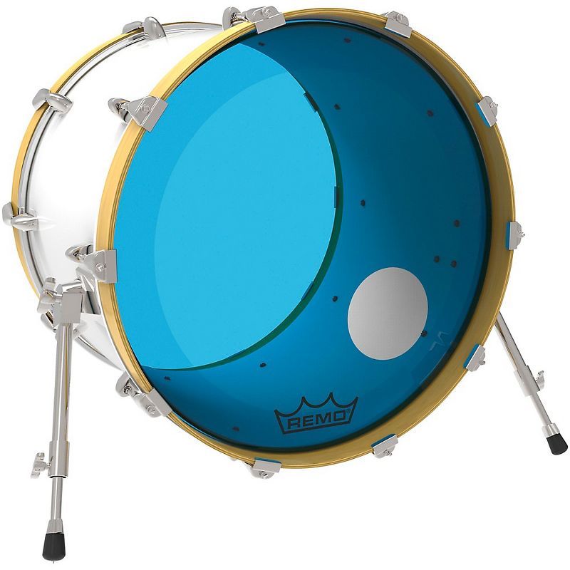 Remo Powerstroke P3 Colortone Blue Resonant Bass Drum Head with 5 in. Offset Hole, 2 of 3