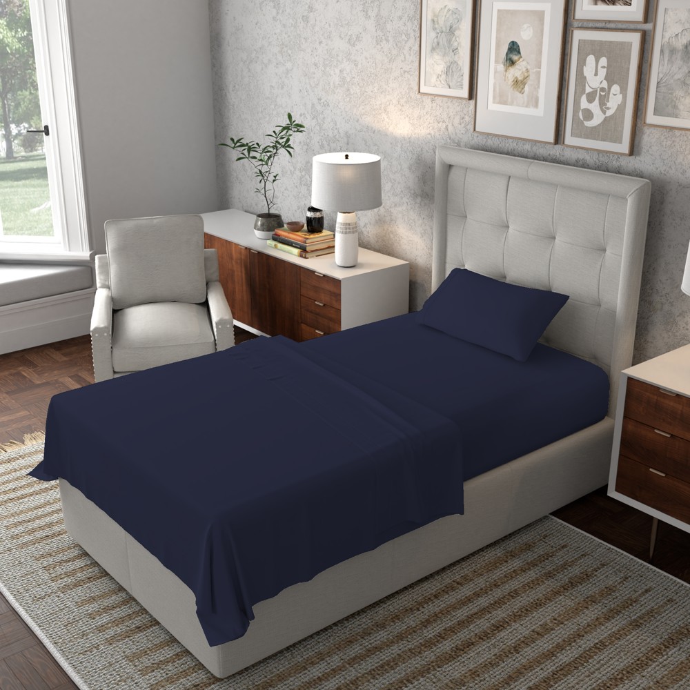 Photos - Bed Linen Twin 100 Cotton Percale Sheet Set Navy - Color Sense