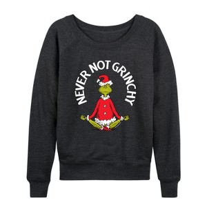 Women's - Dr. Seuss - The Grinch Never Not Grinchy Lightweight French Terry Wide Neck Long Sleeve Shirt - 1 of 4