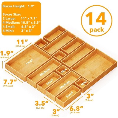 Natural Bamboo 14-Piece Multi-Use Drawer Organizer Set