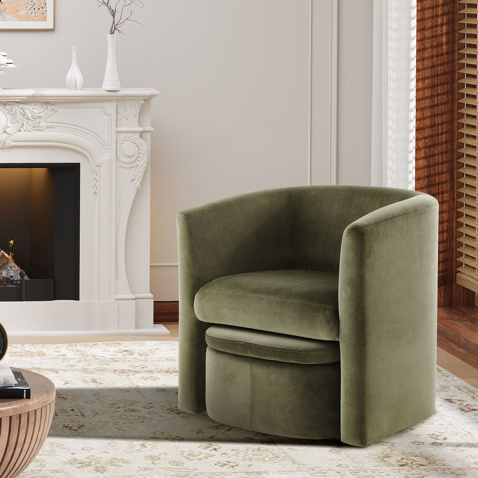 Barrel Armchair with Storage Ottoman Set – Green Fabric Accent Chair with Removable Lid, Comfortable Lounge Chair for Living Room or Bedroom