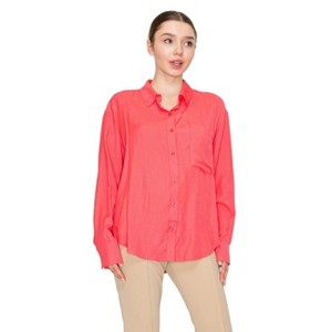 Slickblue Women's Button Down Collared Shirt, Relaxed Fit Linen Blend Top with Pocket, 4 Color Options, Size S-L - 1 of 4