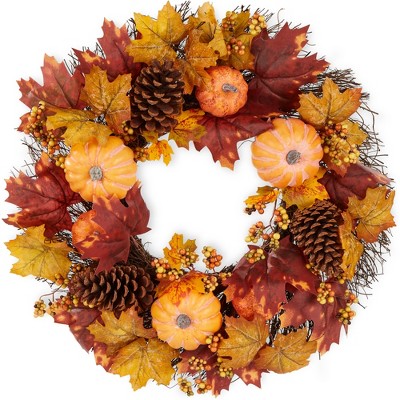 Best Choice Products 24in Artificial Fall Wreath, Autumn Thanksgiving Holiday Decoration w/ Pumpkins, Pine Cones