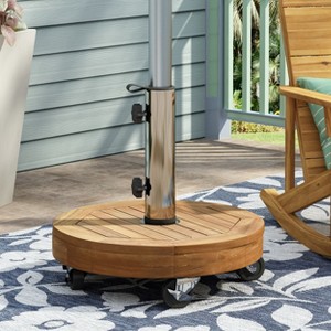 Okak Minimalism Round Umbrella Stand with Acacia Wood Frame, Umbrella Base with Wheels and Adjustable Knob, Outdoor Umbrella Base, Teak - 1 of 4