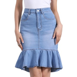 INSPIRE CHIC Women's High Waist Ruffled Hem Bodycon Fishtails Denim Midi Skirt - 1 of 4