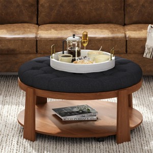 FONTOI Modern Large Round Ottoman Coffee Table 2-Tier Oversized Ottoman with Shelf Storage Coffee Table for Living Room Black, 36"* 36"*18" - 1 of 4