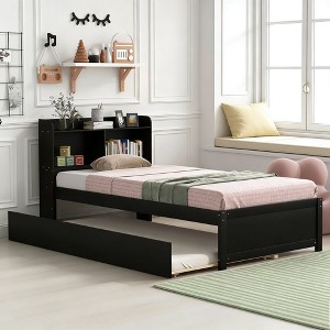 Luxystar Twin Wood Bed with Trundle and Bookcase Headboard for Small Room and Guest Room - 1 of 4
