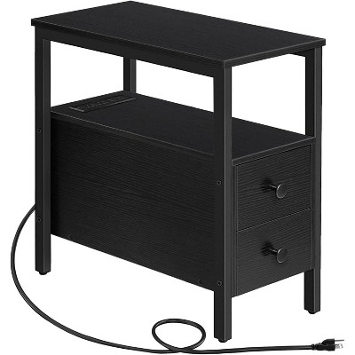 Bedside Table Coffee Table with Charging Station, Narrow Table with 2 Drawers, USB Ports and Power Sockets, Stable and Sturdy, Black