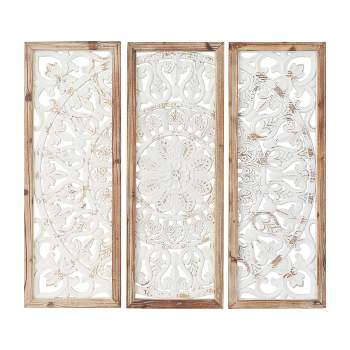 Set of 3 Wood Floral Intricately Carved Wall Decors with Mandala Design White - Olivia & May