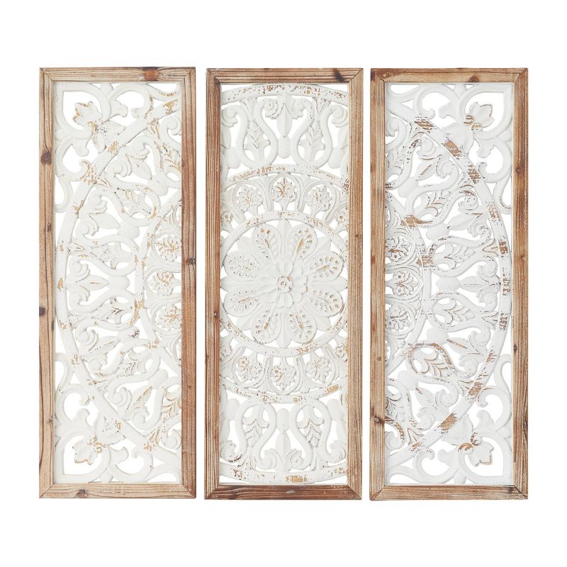 Set of 3 Wood Floral Intricately Carved Wall Decors with Mandala Design White - Olivia &#38; May, 1 of 7