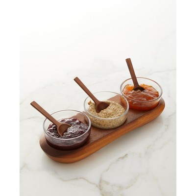 Acacia Wood and Glass Triple Condiment Server with Spoons