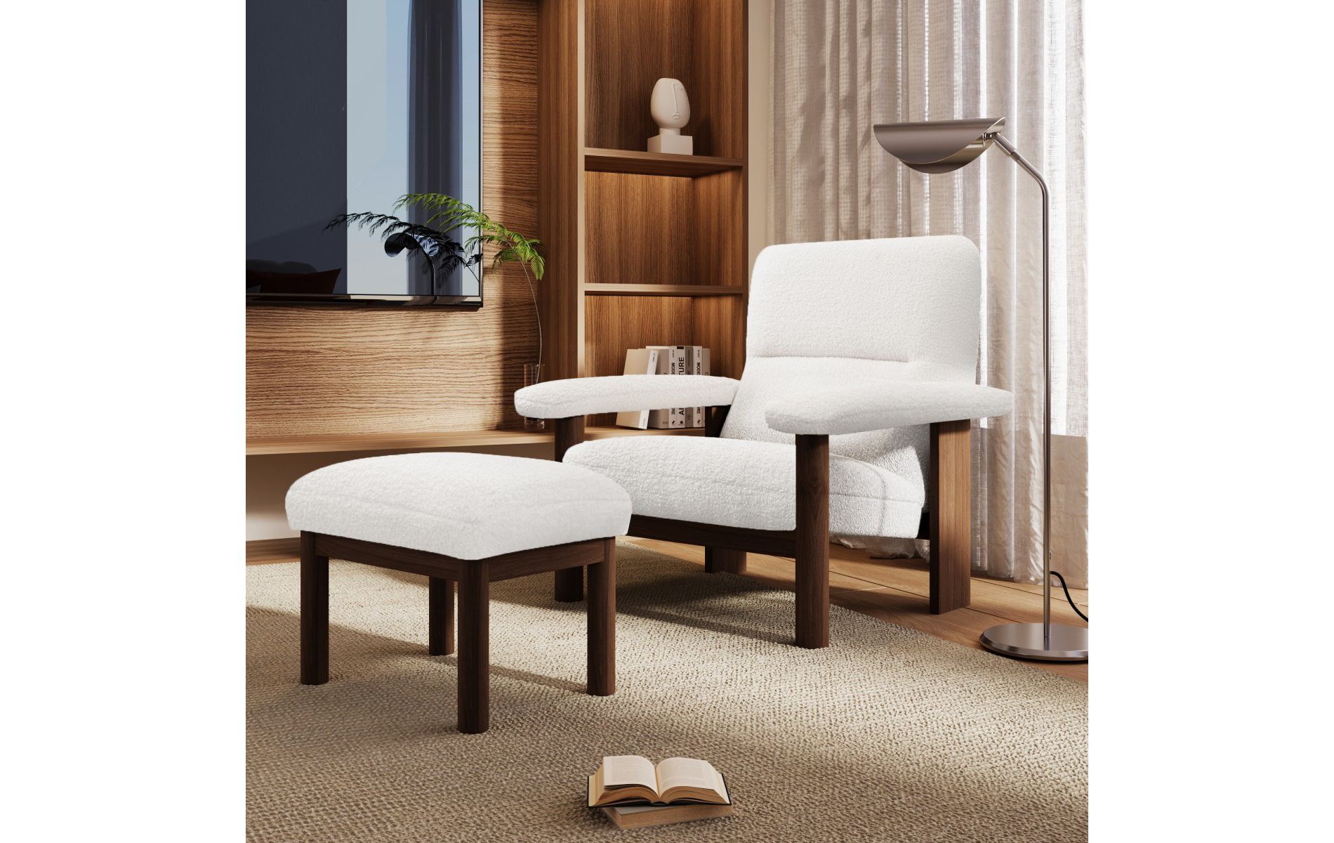 1 Piece Modern White Fabric Armchair Upholstered Set,Armrests Chair With Ottoman And Solid Wood Frame,Bedroom Lounge Accent Chair-Cuddlewood