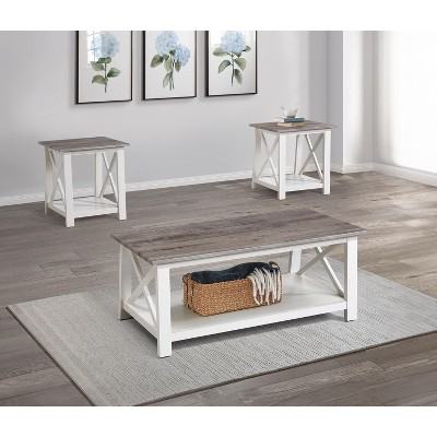 White Brown 3-Piece Set Table Top Cocktail Rectangular Coffee Table and Two Matching Square End Tables Living Room Wooden Furniture