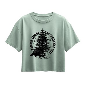 Girls' - Instant Message - Raccoon Around The Christmas Tree Short Sleeve Boxy Graphic T-Shirt - 1 of 3