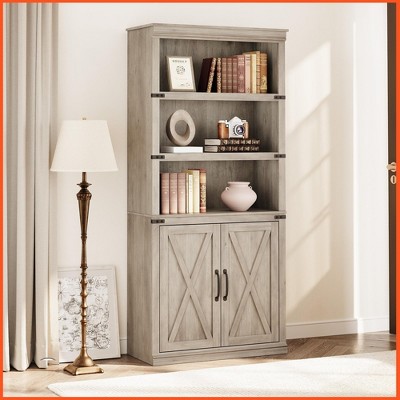 Book Case with Doors, 5 Tier Book Shelf with Cabinet, 68.7" Tall 5 Shelf Book Case for Living Room, Home Office