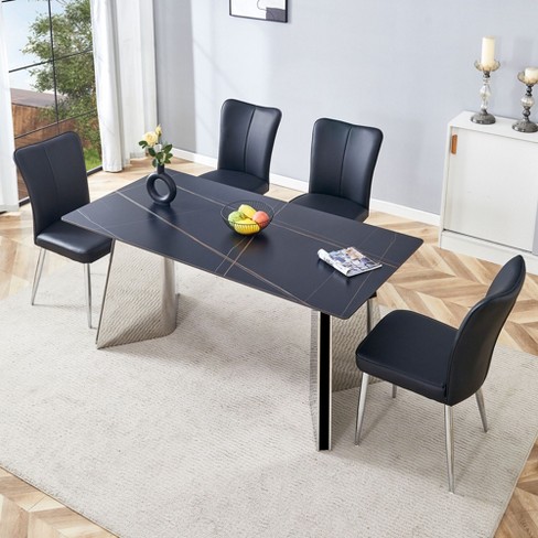 Nicbex Dining Table Set for 4 Black Marble-Patterned Slabs Tabletop with Stainless Steel Butterfly Legs with 4 PU Chairs for Kitchen, Black Nicbex Dining Table Set for 4 Black Marble-Patterned Slabs Tabletop with Stainless Steel Butterfly Legs with 4 PU Chairs for Kitchen, Black
