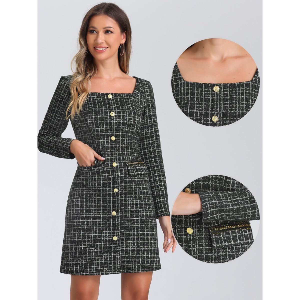 Женские платья INSPIRE CHIC Women's Tweed Long Sleeves Square Neckline Knee Length Dresses Large Black — фото 2