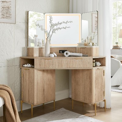 SinCiDo Corner Dressing Table w/Mirror and Lights, Fluted Vanity w/Glass Top, Three-Panel Mirror, Charging Port, 3 Drawers & 2 Cabinets