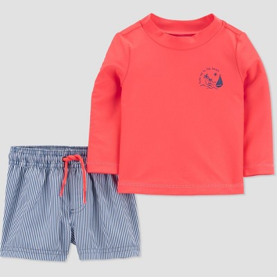 Image of Carter's Just One You® Baby Boys' Long Sleeve Striped Rash Guard Set - Orange/Blue 9M