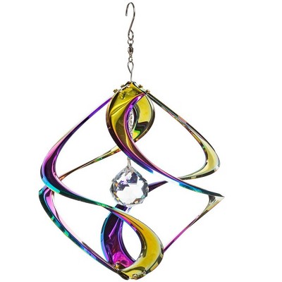 Wind & Weather Hanging Iridescent Metal Spiral Wind Spinner with Clear Crystal Center