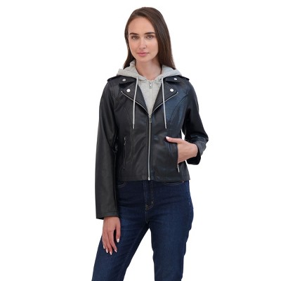 Juniors' Faux Leather Moto Jacket With Fleece Hood - Sebby Black Large