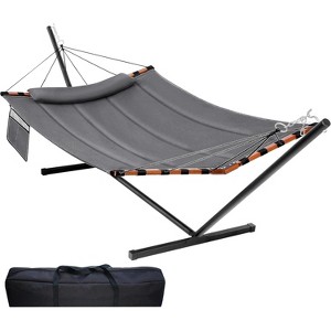 Double V-Shaped Wooden Frame Hammock, Thickened Version for Home and Outdoor Use, Portable Steel Frame Outdoor Garden Hammock, Large Double Hammock - 1 of 4