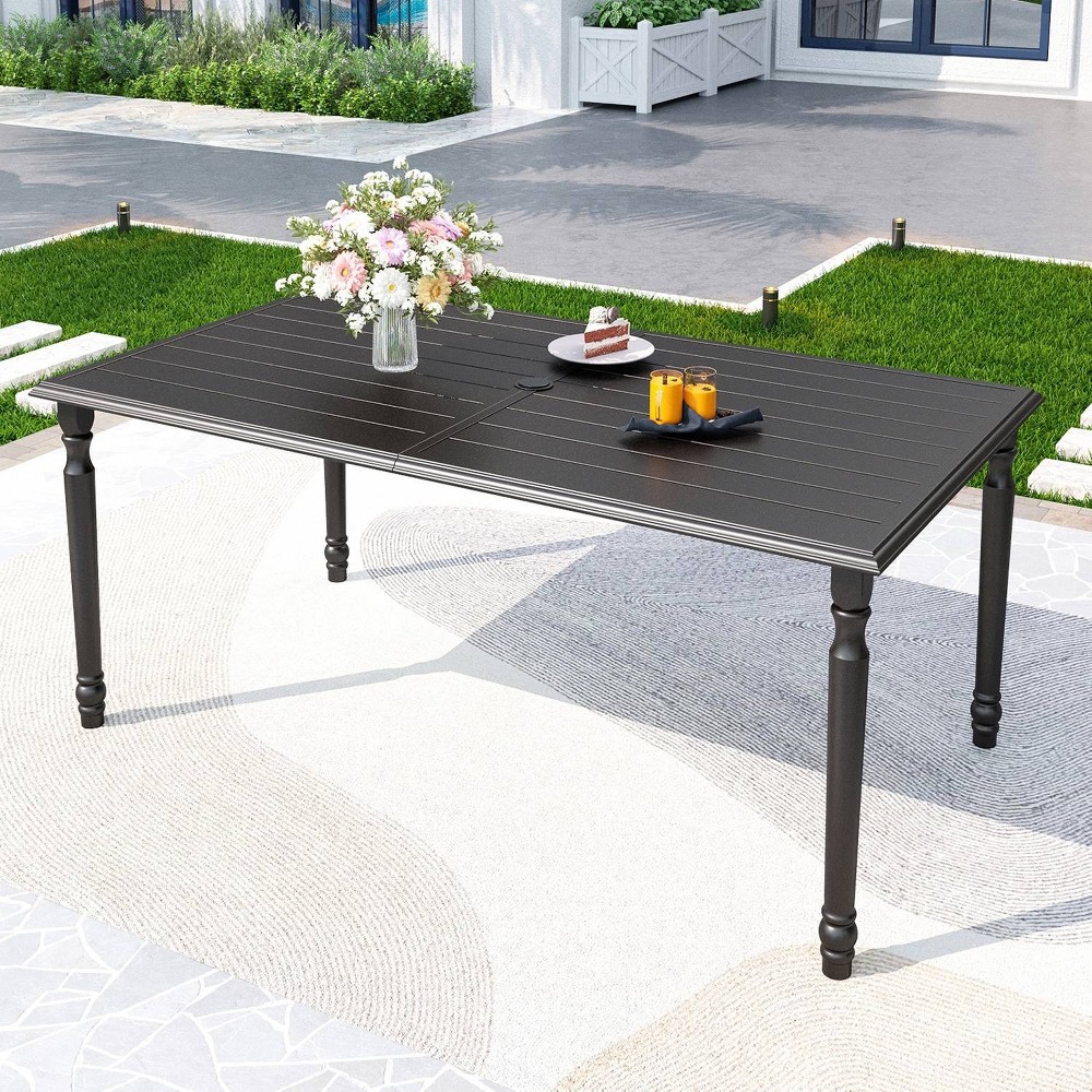 Outdoor Steel Rectangle Dining Table with 1.77" Umbrella Hole - Captiva Designs: 6-Seater, Powder-Coated, Rust-Resistant