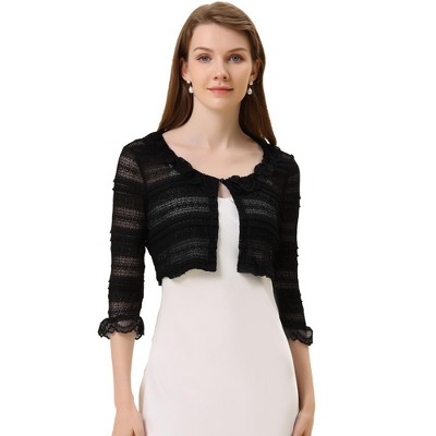 sheer shrugs for dresses & formal Belle Poque Women Long Sleeve Bolero Shrug Open Front Satin Jacket Ruffled  Shrugs for Evening Dresses Formal Black S at Amazon Women's Clothing store