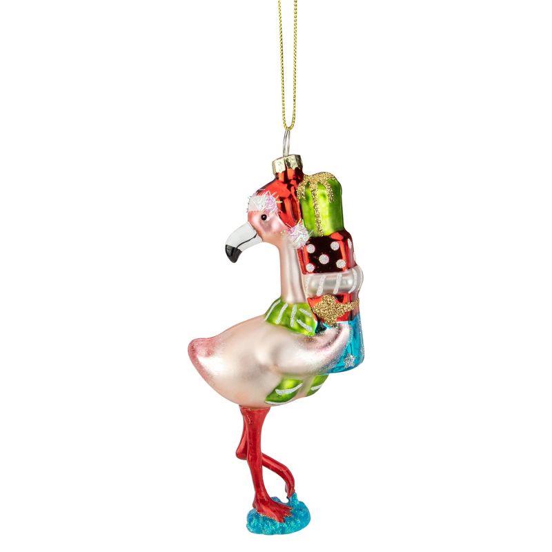 Northlight 5.5" Pink Flamingo with Presents Glass Christmas Ornament, 1 of 5